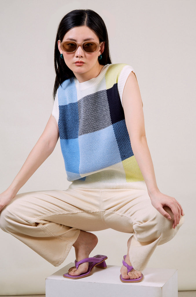 Blue yellow and ivory giant check sweater vest_1