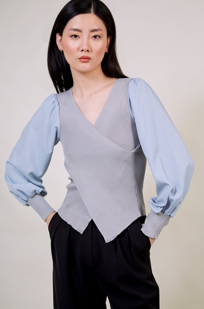 Grey and blue contrast satin sleeved top_1