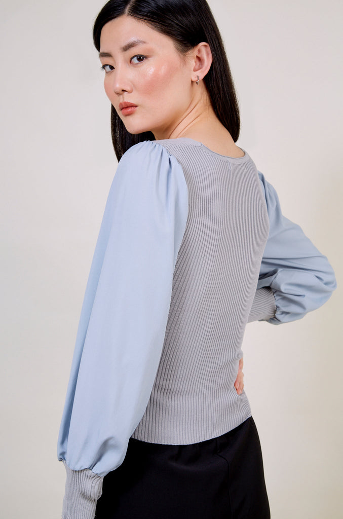 Grey and blue contrast satin sleeved top_2
