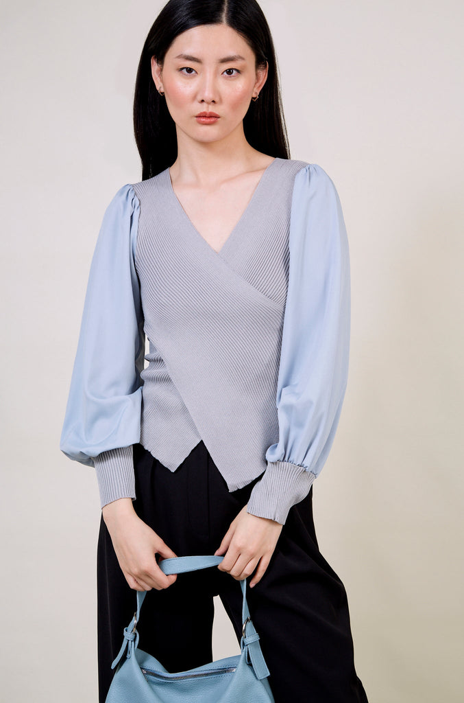 Grey and blue contrast satin sleeved top_5