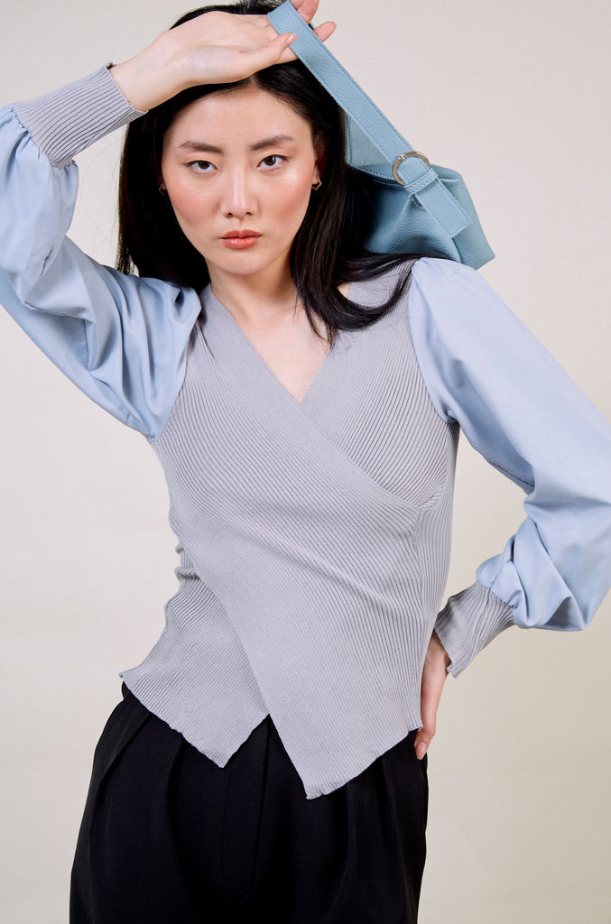 Grey and blue contrast satin sleeved top_3