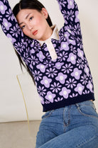 Navy and purple intarsia floral ivory collar jumper_1