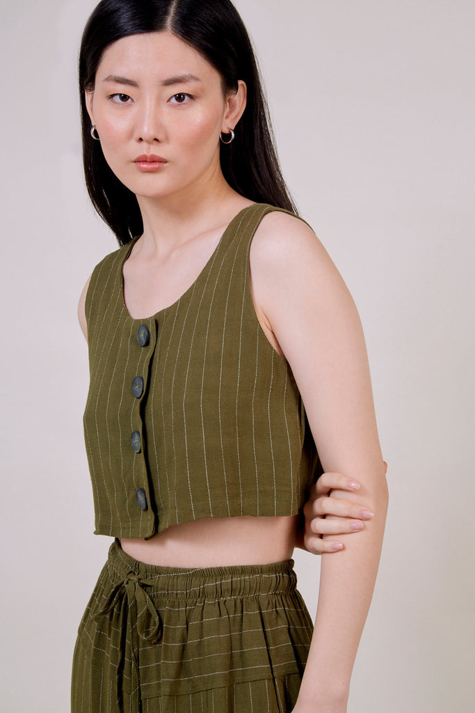 Olive green pinstripe button front tank_4