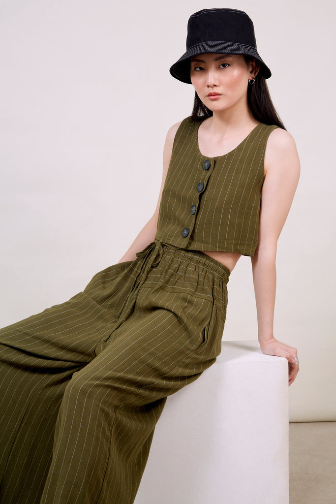 Olive green pinstripe button front tank_1