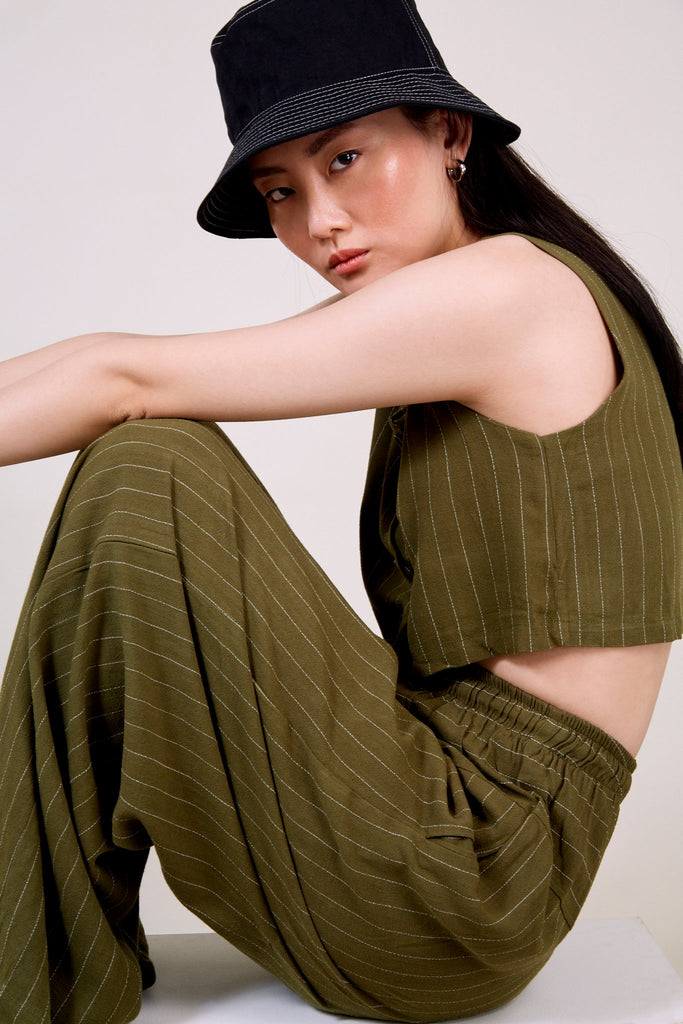 Olive green pinstripe button front tank_3