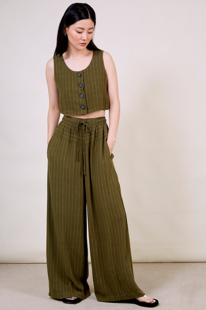 Olive green pinstripe drawstring trousers_1
