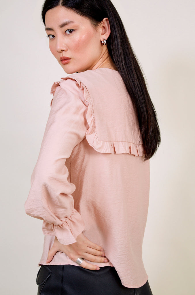 Pink long ruffle trim collar blouse_2
