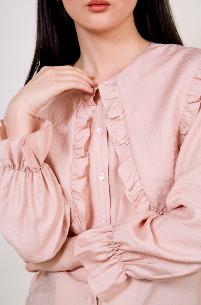Pink long ruffle trim collar blouse_4