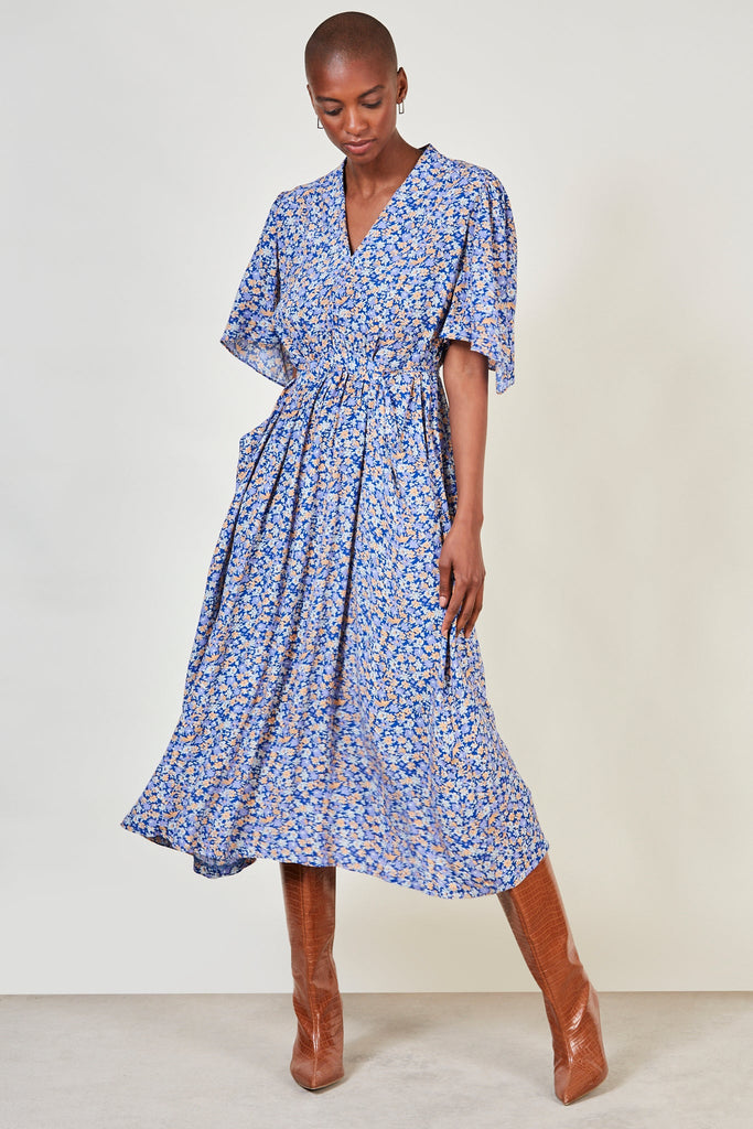 Blue and pink floral print tie back maxi dress_2