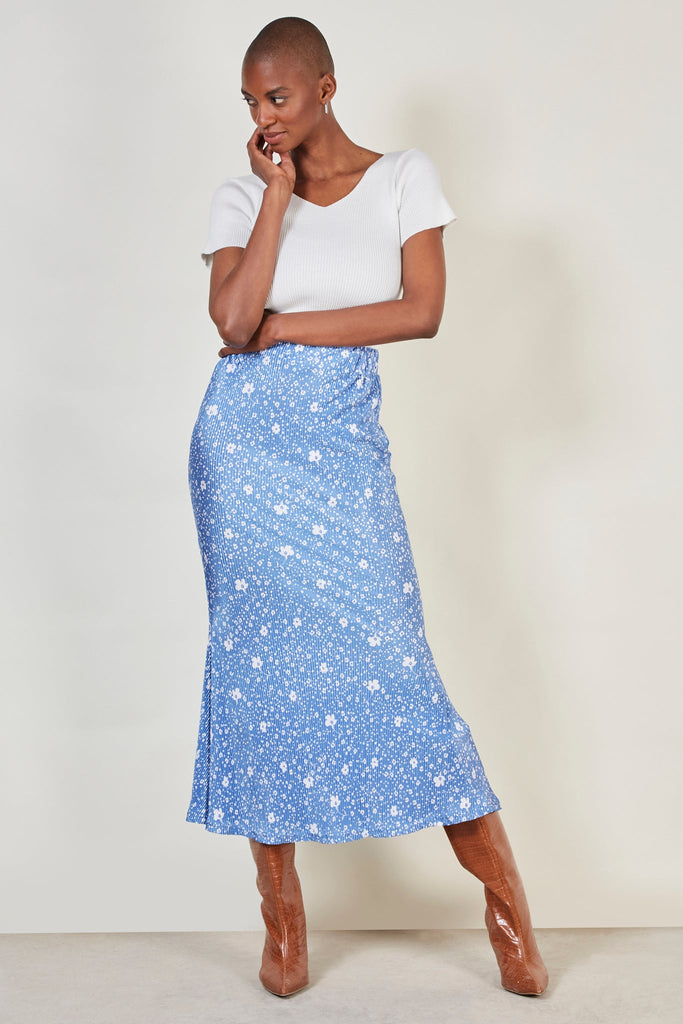 Blue and white floral print ribbed skirt_3