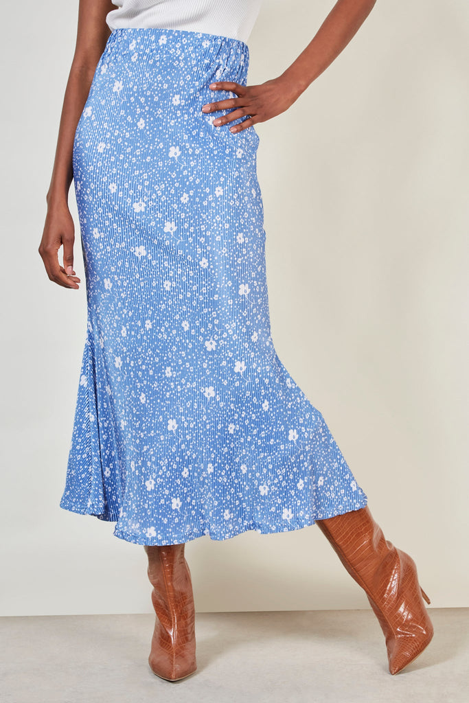Blue and white floral print ribbed skirt_4