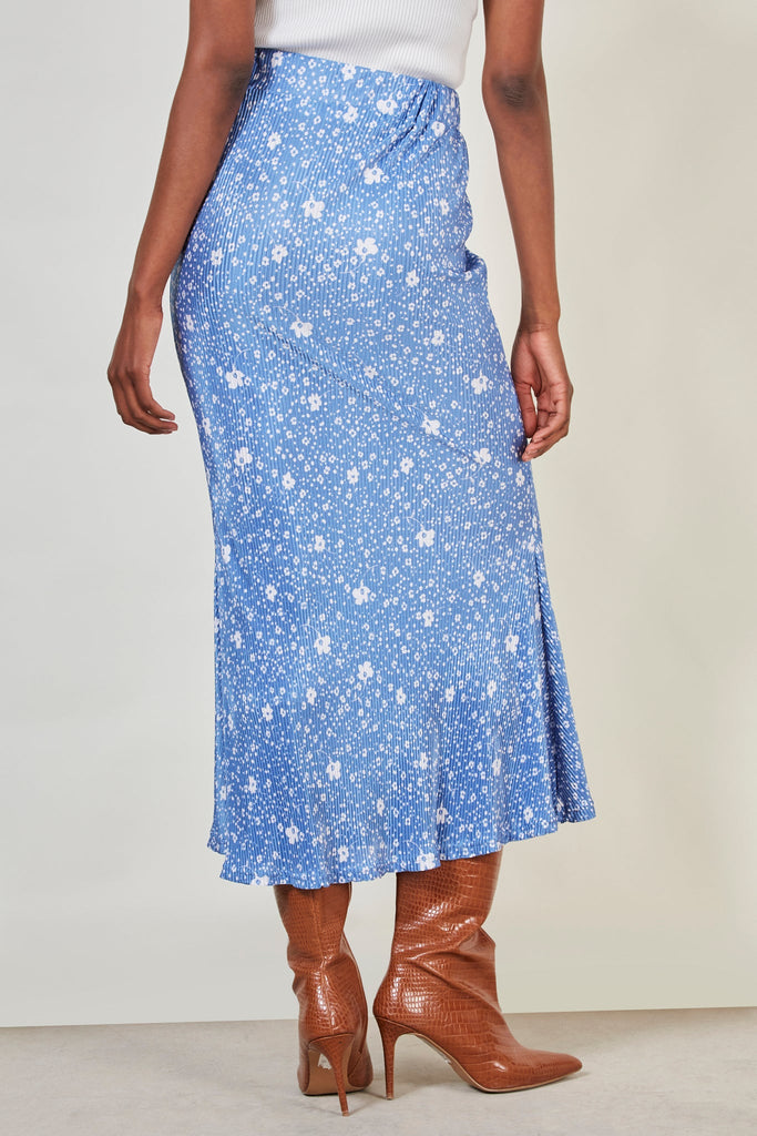 Blue and white floral print ribbed skirt_5