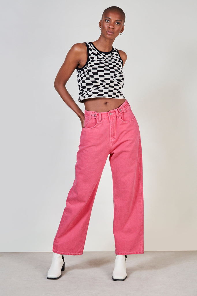 Hot pink contrast stitch button waist jeans_2