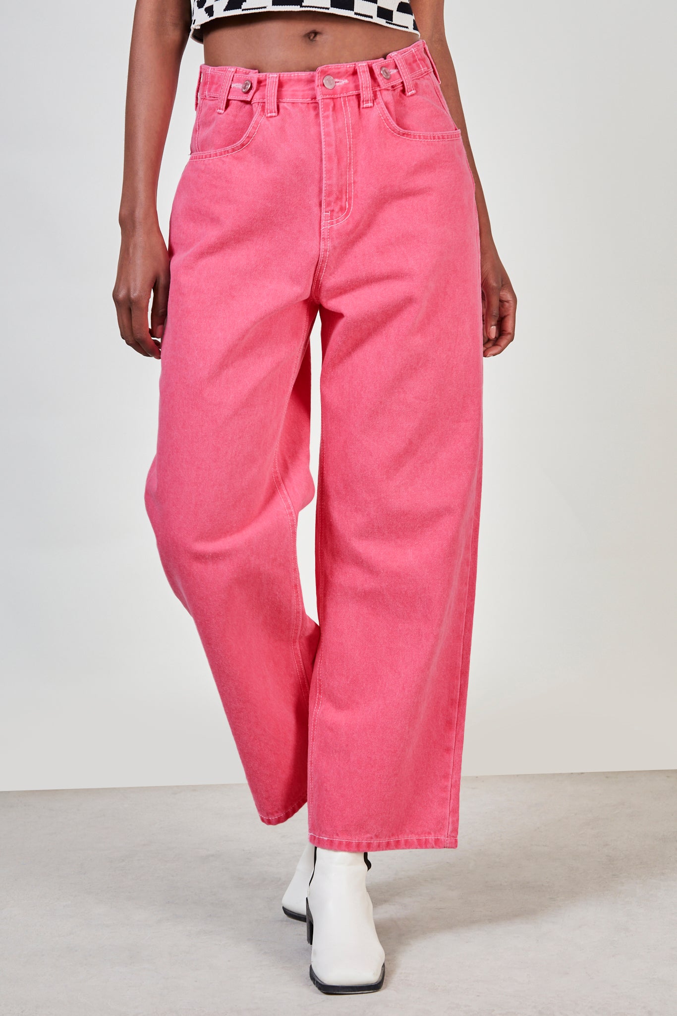 Hot pink contrast stitch button waist jeans