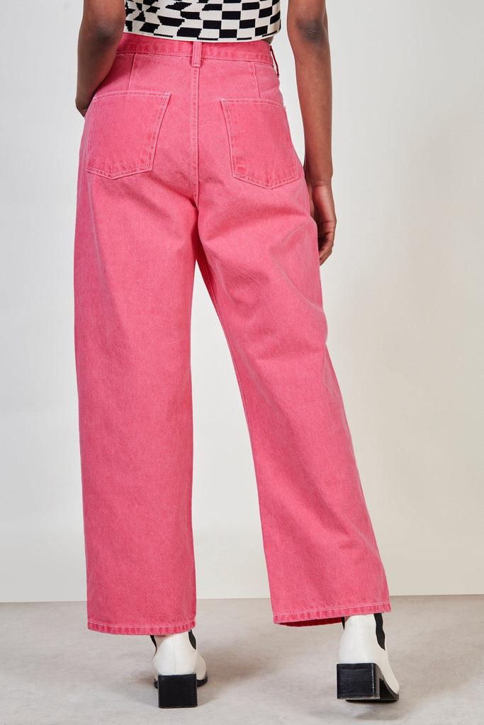 Hot pink contrast stitch button waist jeans_3