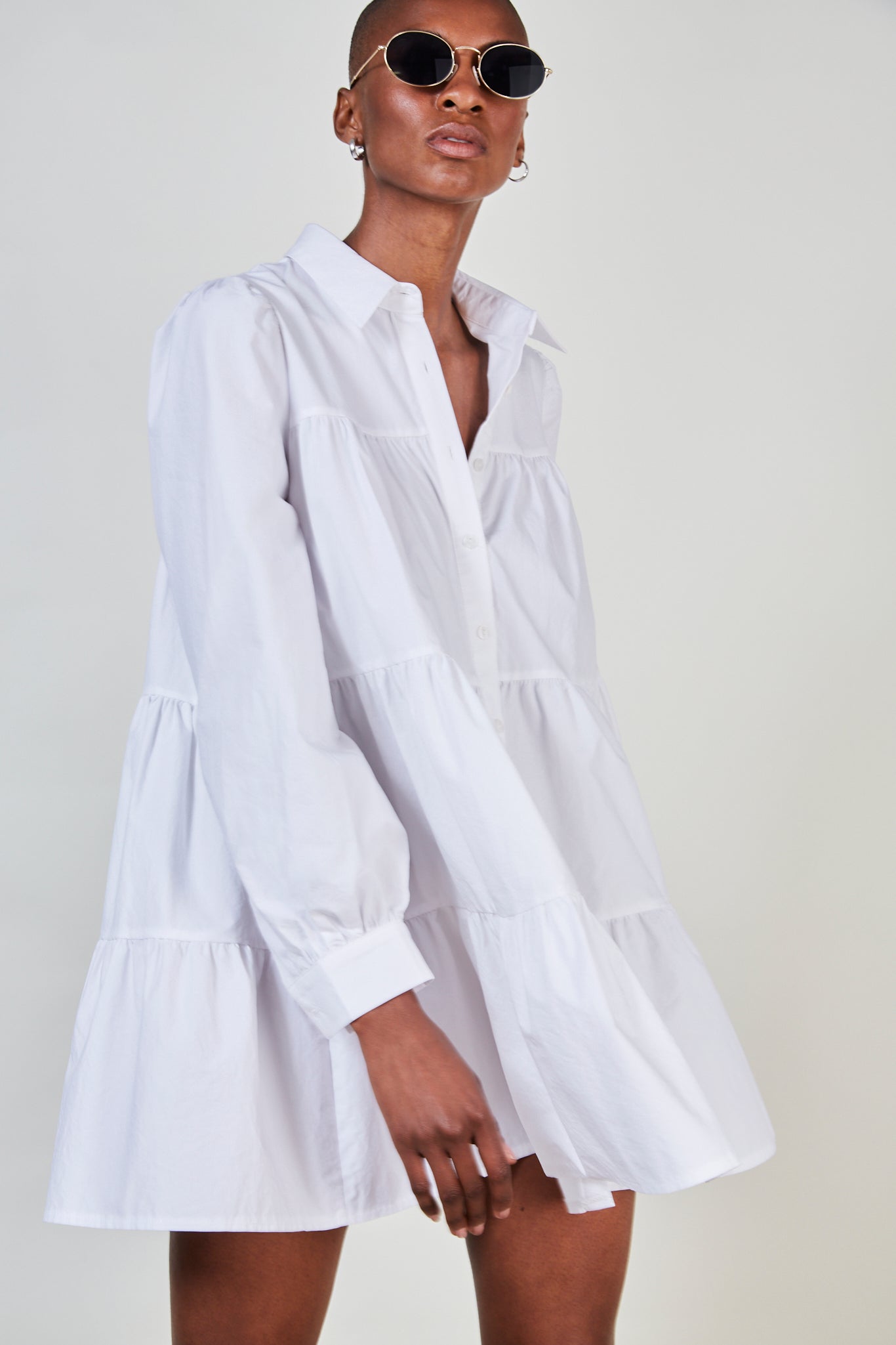 White tiered shirt dress
