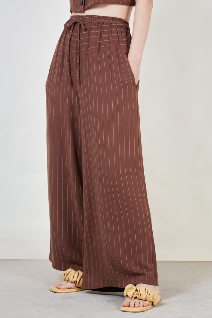 Brown pinstripe drawstring trousers_1