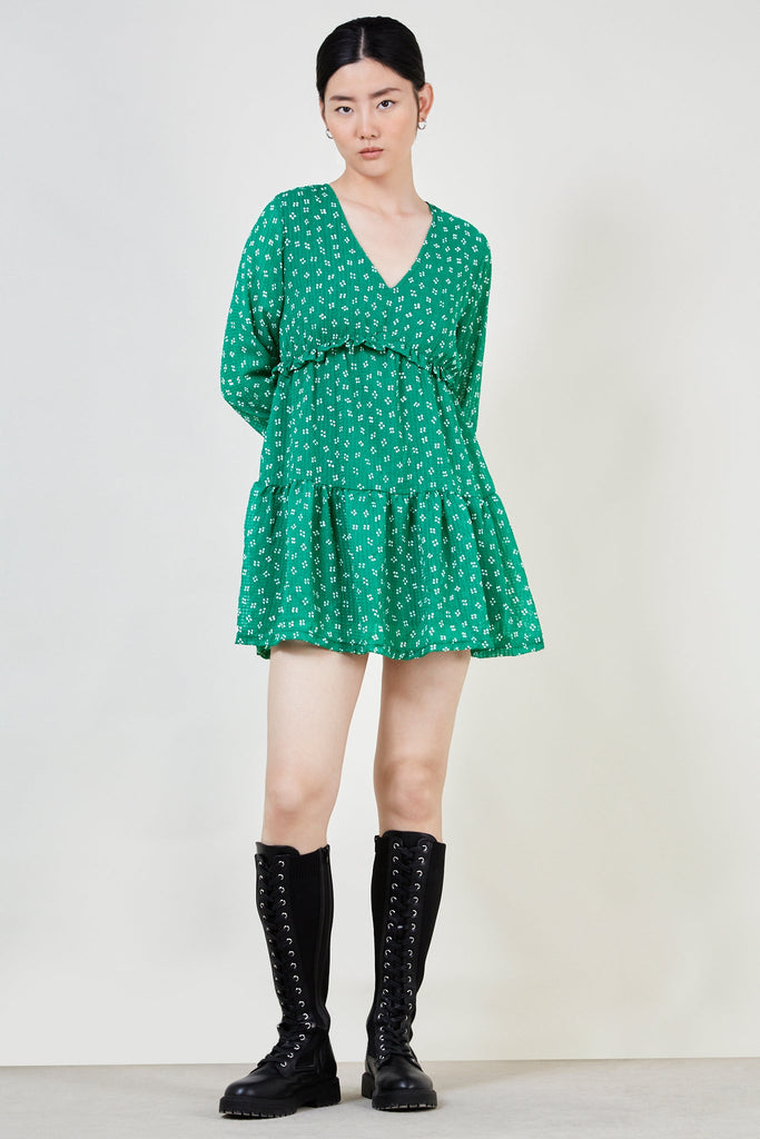 Green printed long sleeved mini dress_1