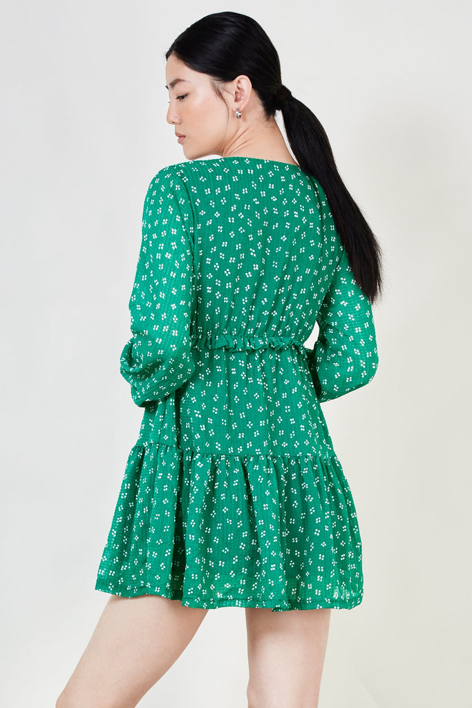 Green printed long sleeved mini dress_2