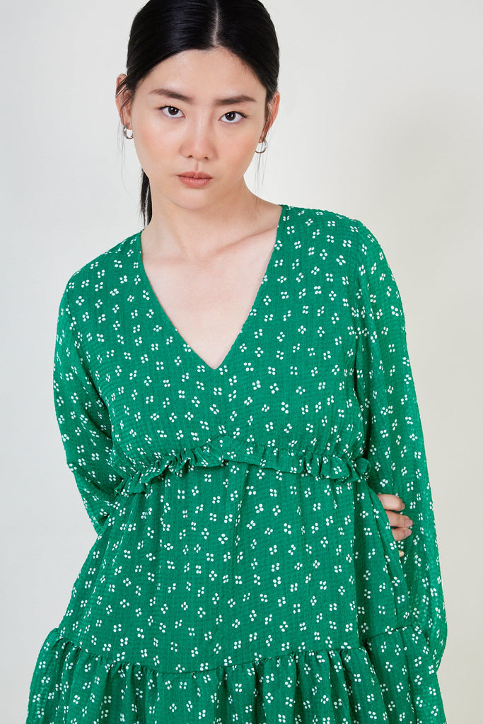 Green printed long sleeved mini dress_3