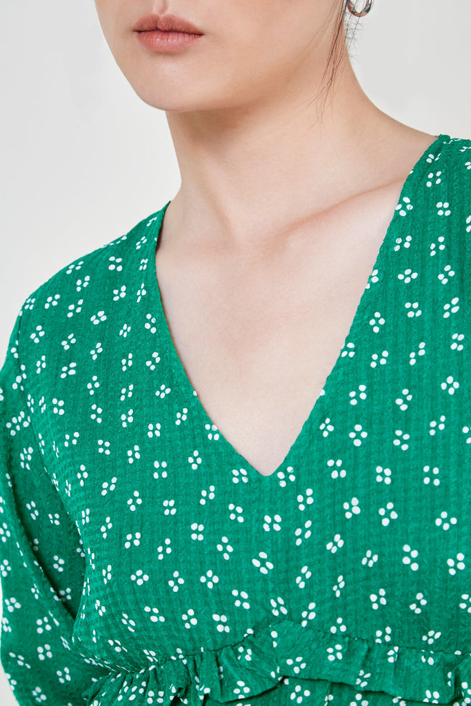 Green printed long sleeved mini dress_5