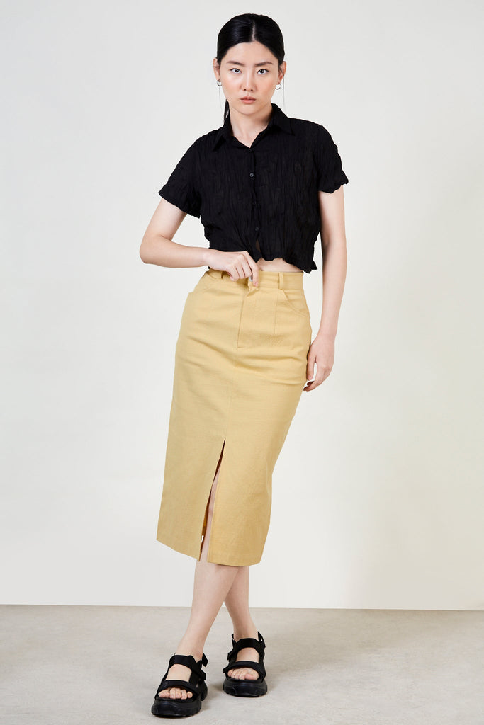 Yellow slit front tailored skirt_3