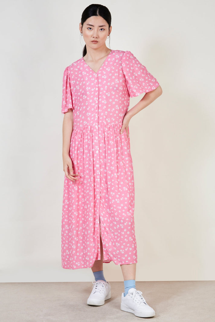 Bright pink floral print maxi dress