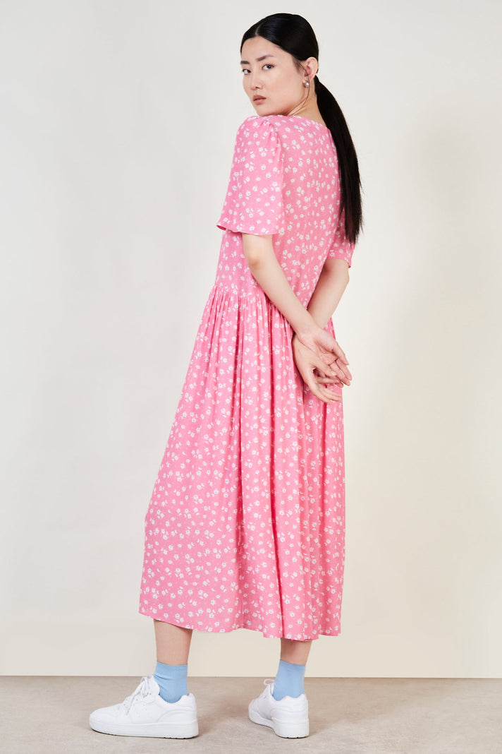 Bright pink floral print maxi dress