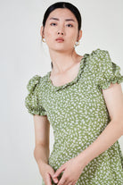 Green floral print lace up back dress_4