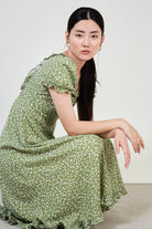 Green floral print lace up back dress_3