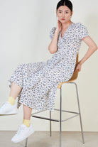 Ivory and blue floral print side button dress_2