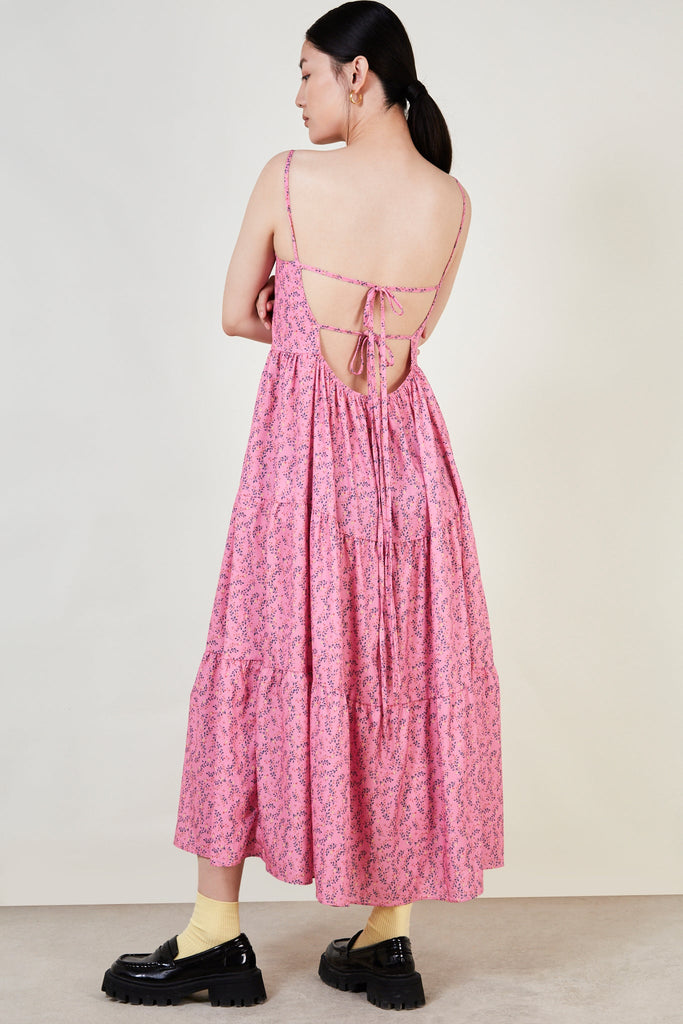 Pink floral print tie back maxi dress_1