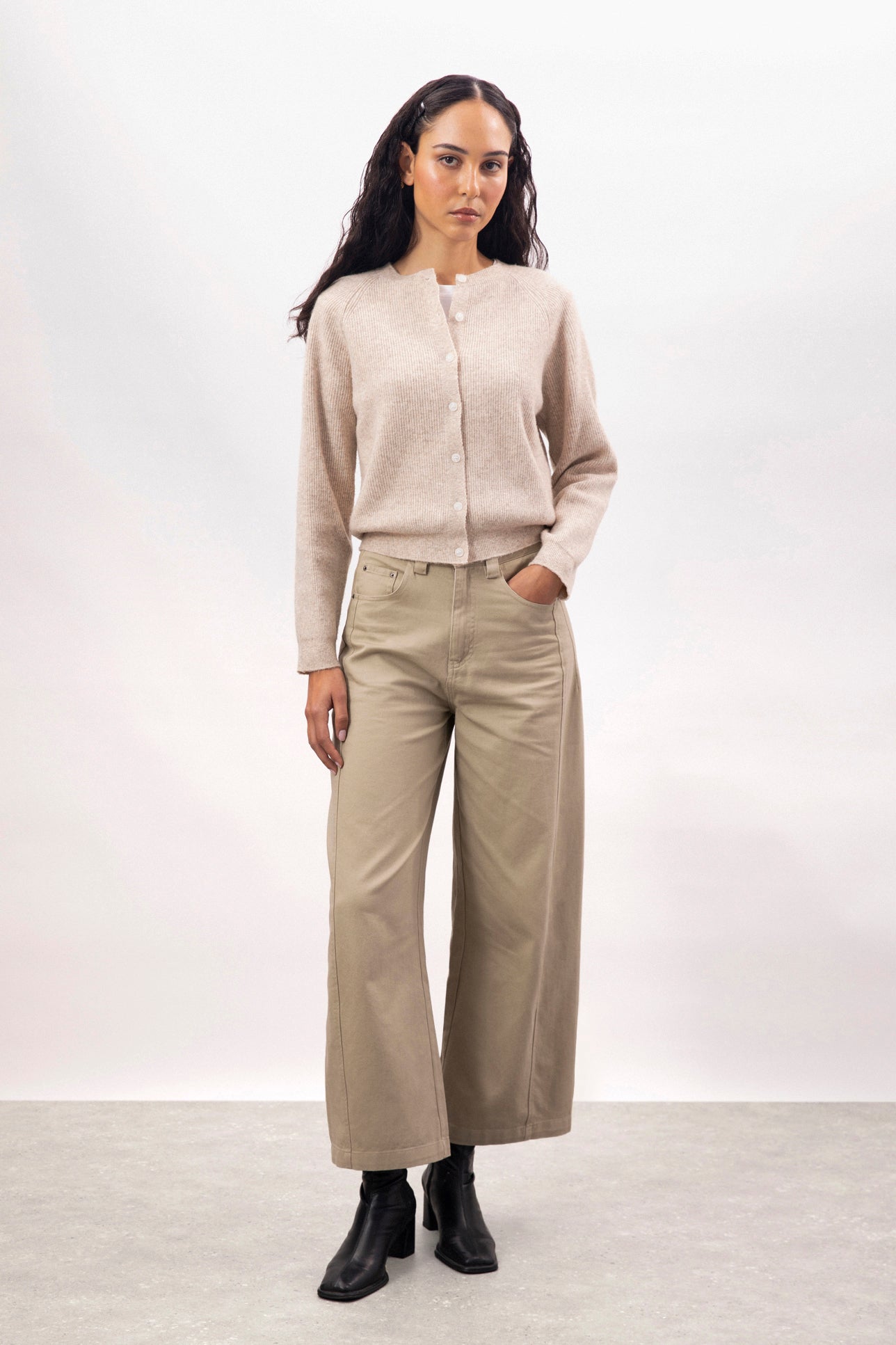 Oatmeal wool blend round neck button up cardigan_4