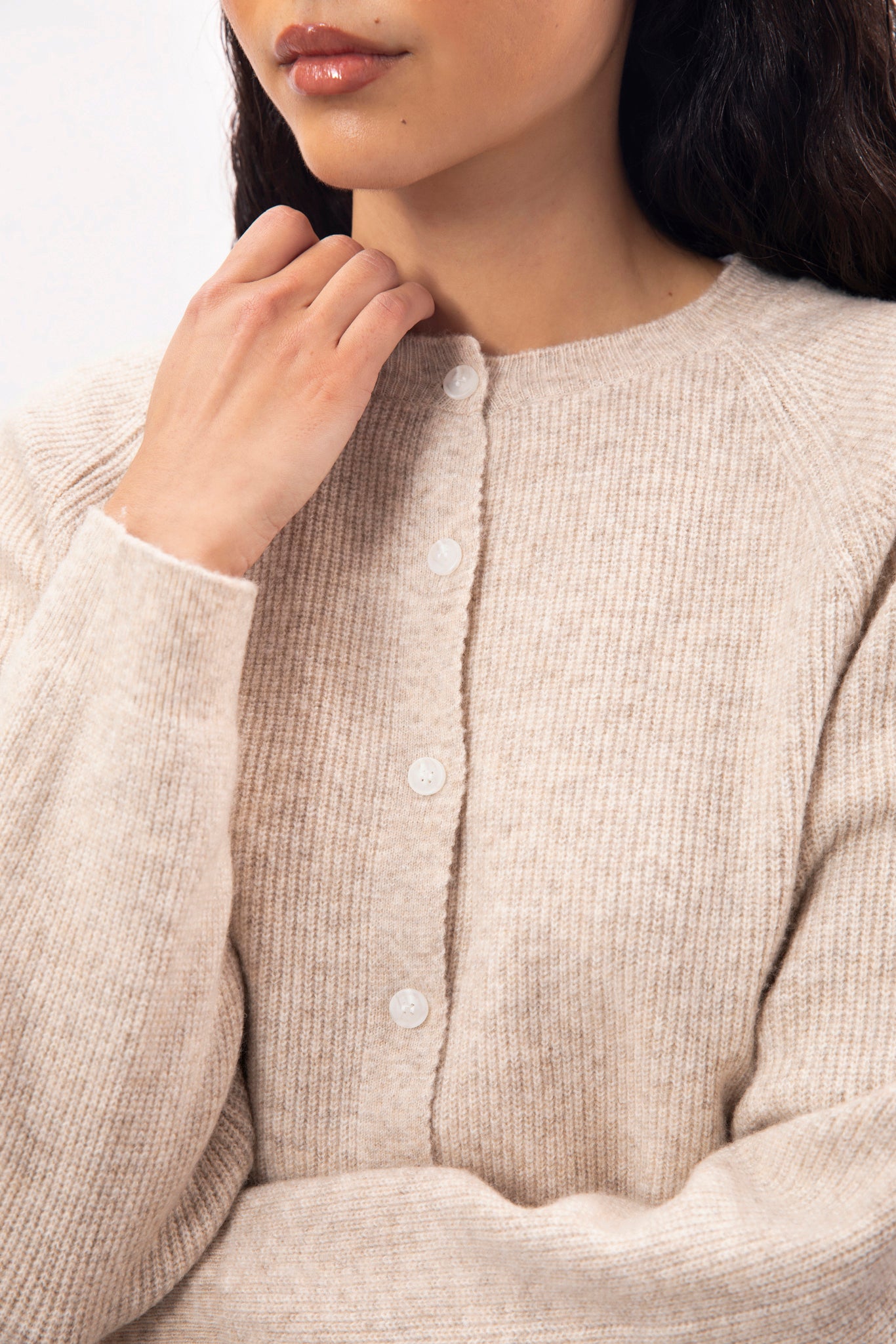 Oatmeal wool blend round neck button up cardigan_3