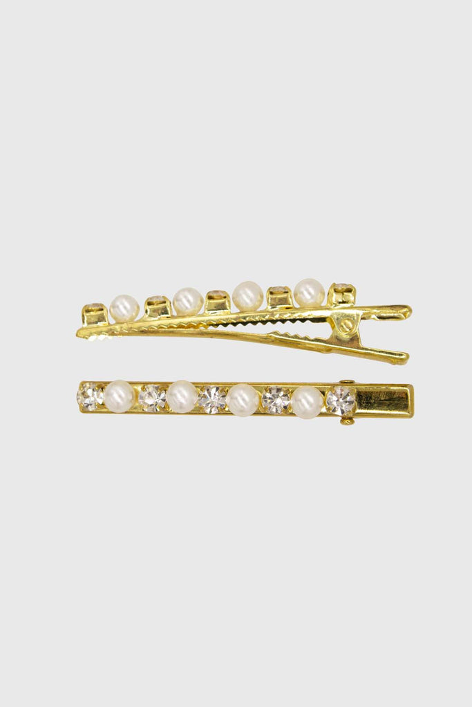 Gold thick pearl and diamond hair clip set_1