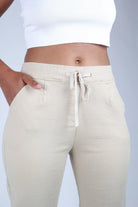 Beige dart front loose fit drawstring trousers_2