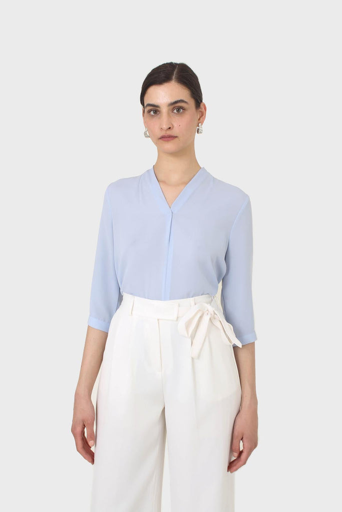 Light blue classic deep V mid sleeve blouse_10