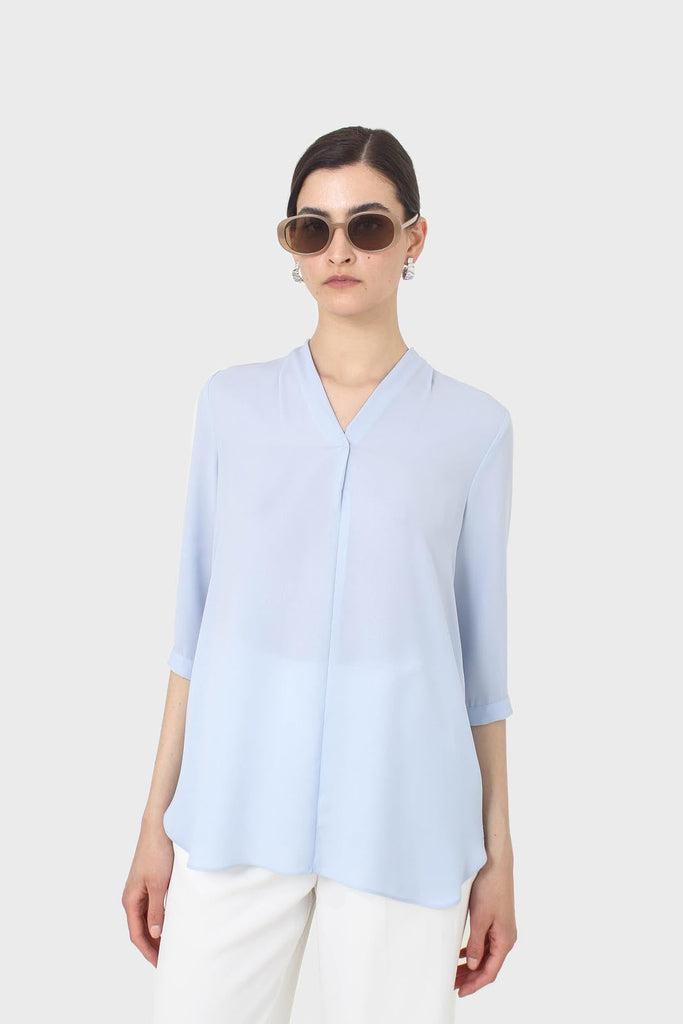 Light blue classic deep V mid sleeve blouse_11