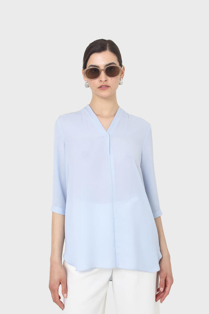 Light blue classic deep V mid sleeve blouse_2