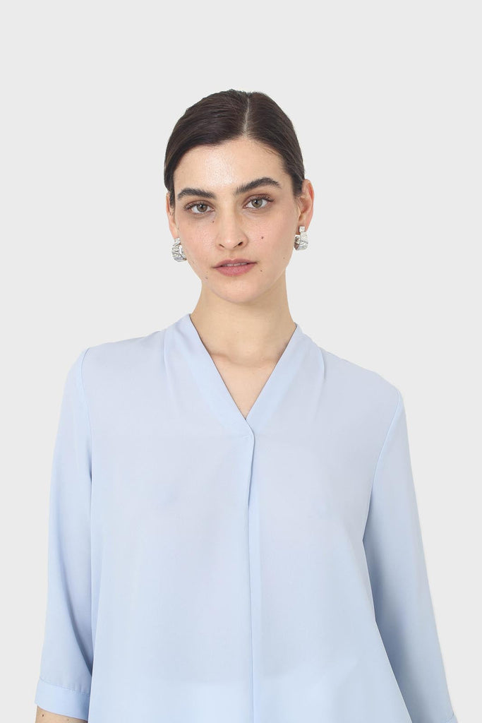 Light blue classic deep V mid sleeve blouse_3