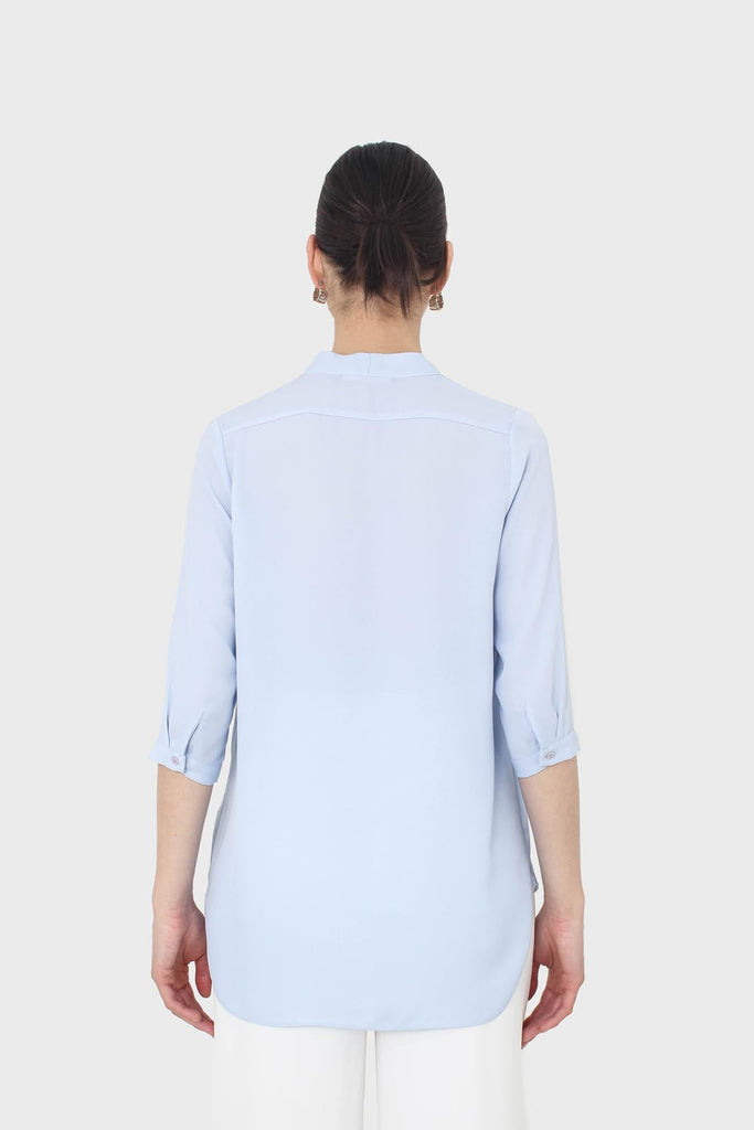 Light blue classic deep V mid sleeve blouse_6