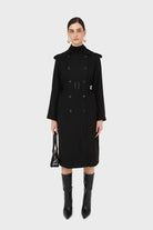 Black soft double breasted belted trench coat_1