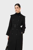 Black soft double breasted belted trench coat_4