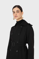Black soft double breasted belted trench coat_6