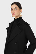 Black soft double breasted belted trench coat_9