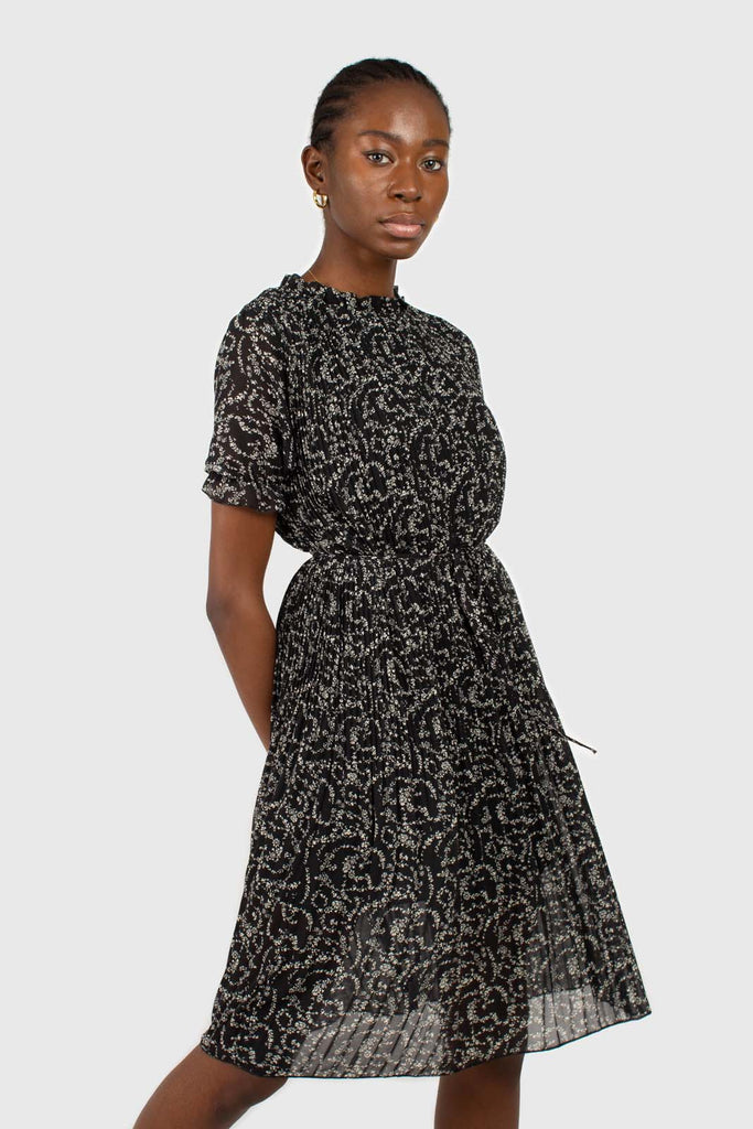 Black and white floral micro pleated belted dress_3