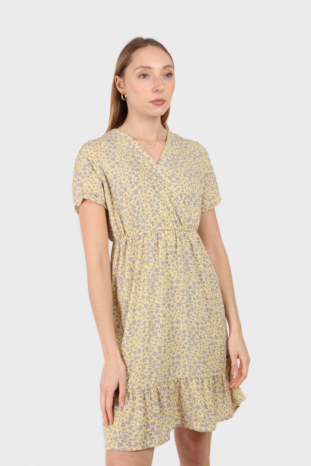 Pale yellow and grey floral V-neck mini dress_2