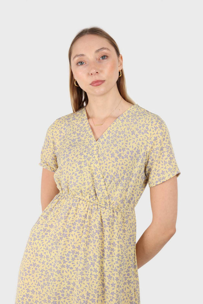 Pale yellow and grey floral V-neck mini dress_1