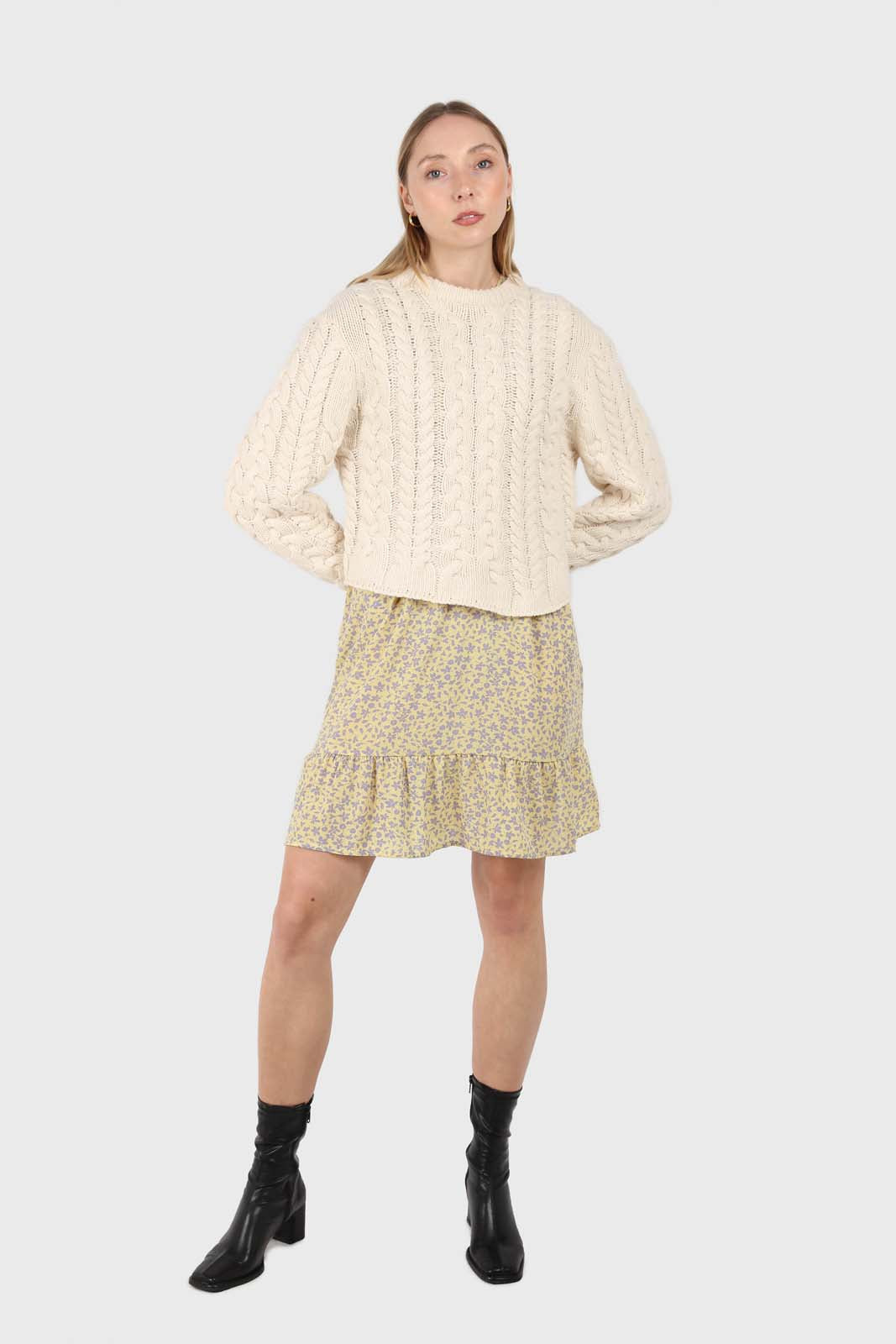 Pale yellow and grey floral V-neck mini dress_3