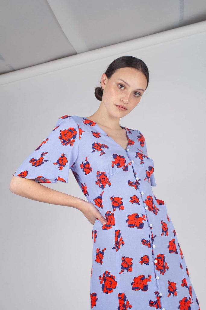 Pale blue and red floral print short sleeved maxi dress_10